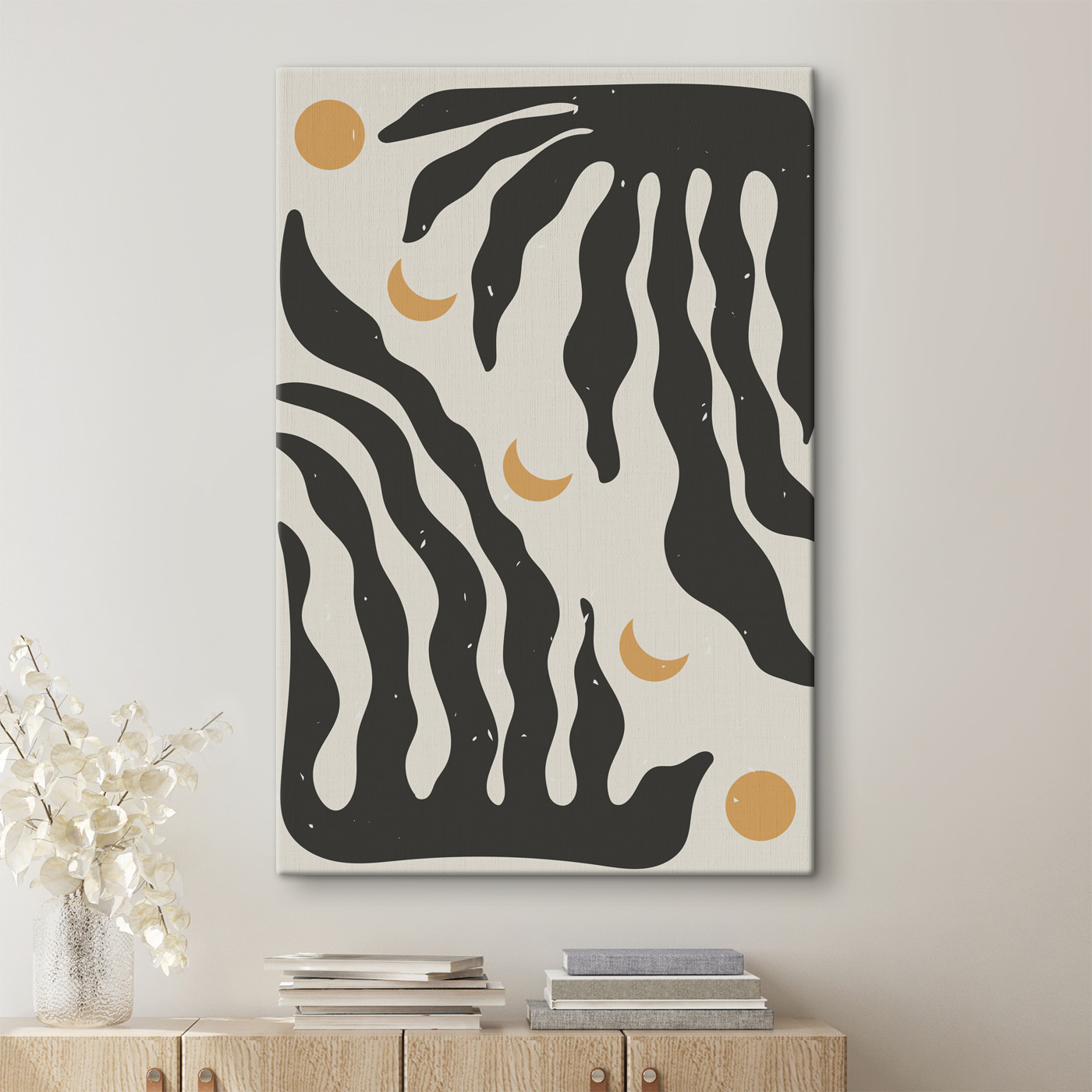A black and white pattern with a moon