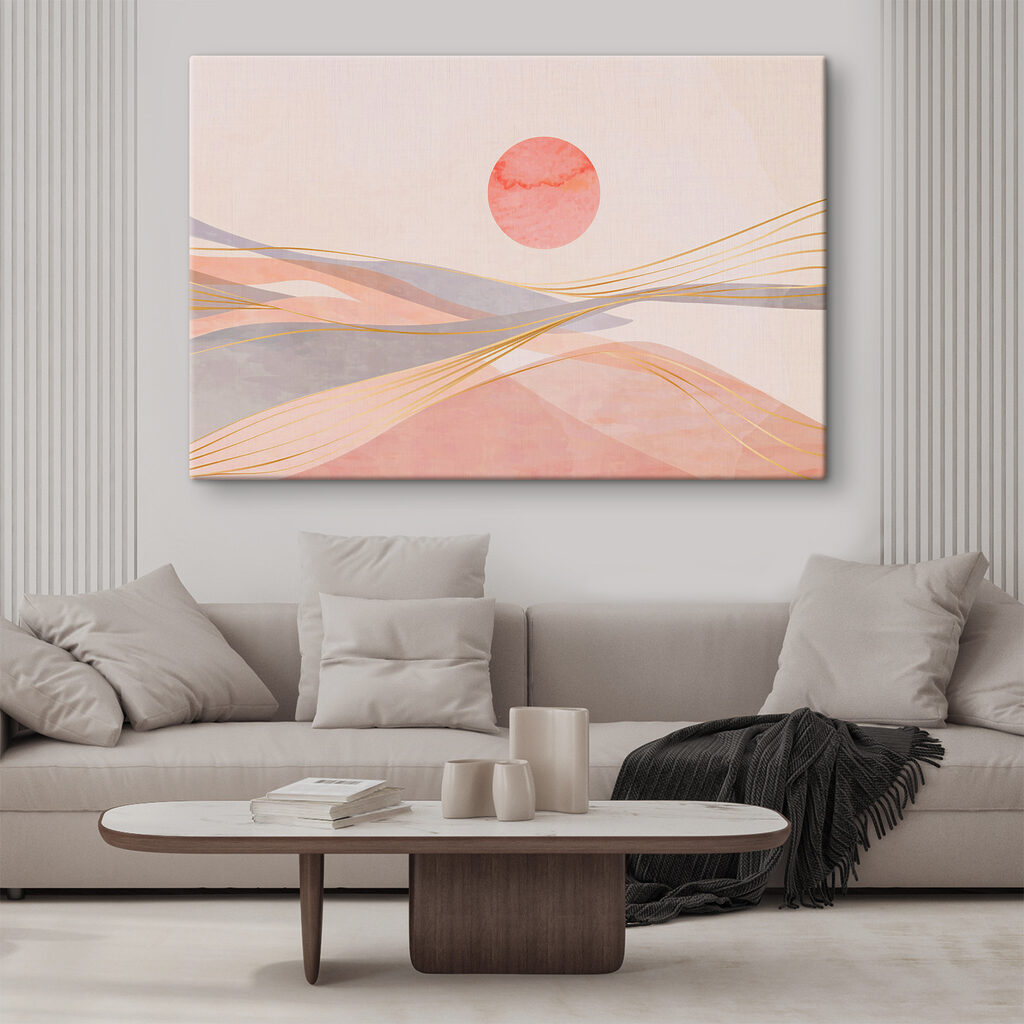 A pink and grey waves with a red sun A pink and grey waves with a red sun