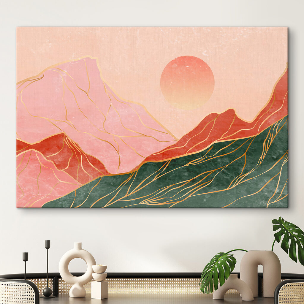 A painting of mountains and sun A painting of mountains and sun