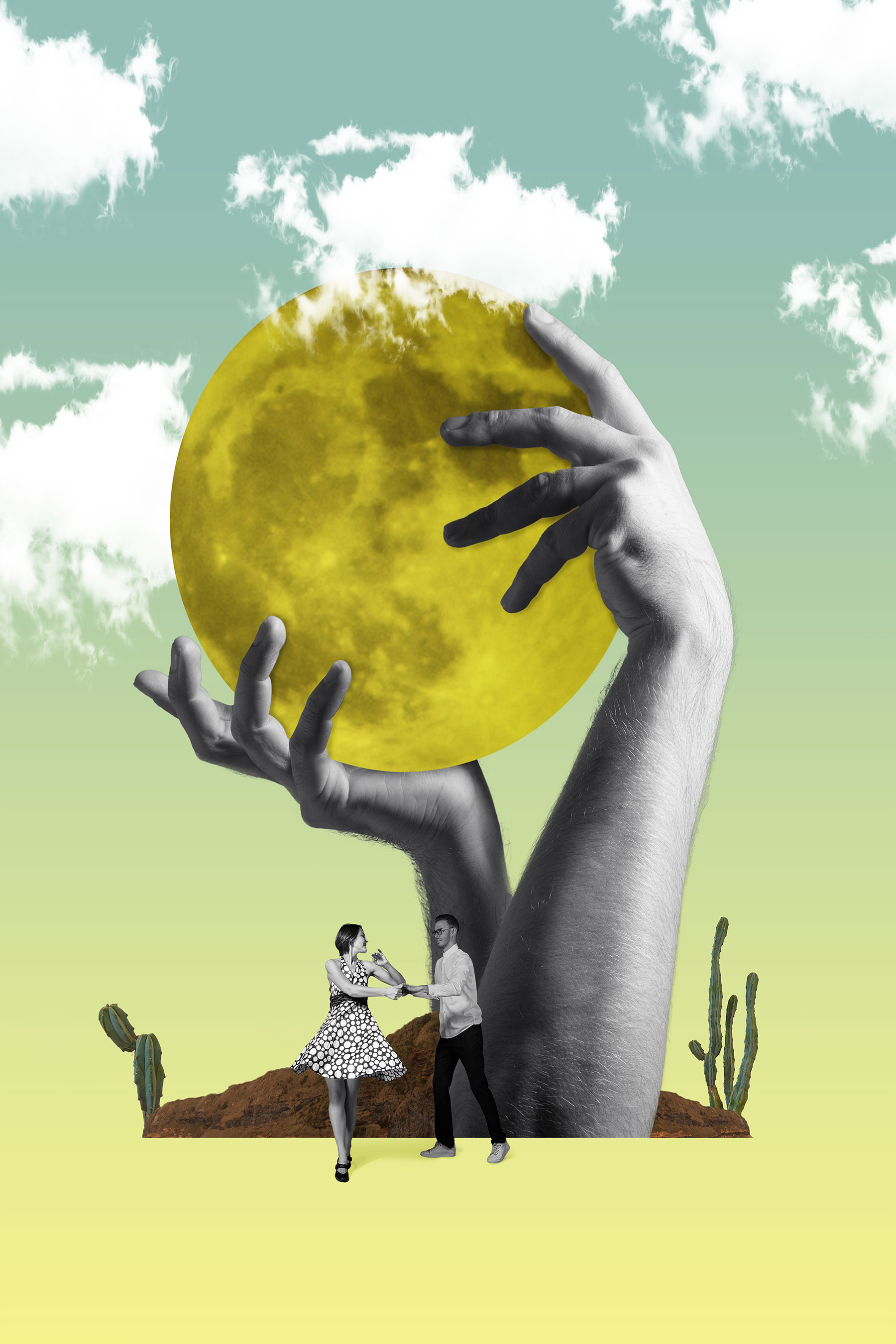 A man and woman holding a yellow moon