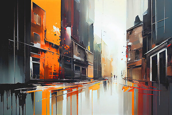 A painting of a street with buildings