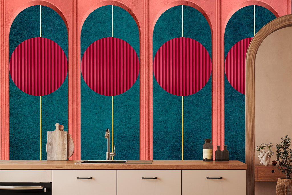 A wall with red circles and blue and green walls A wall with red circles and blue and green walls