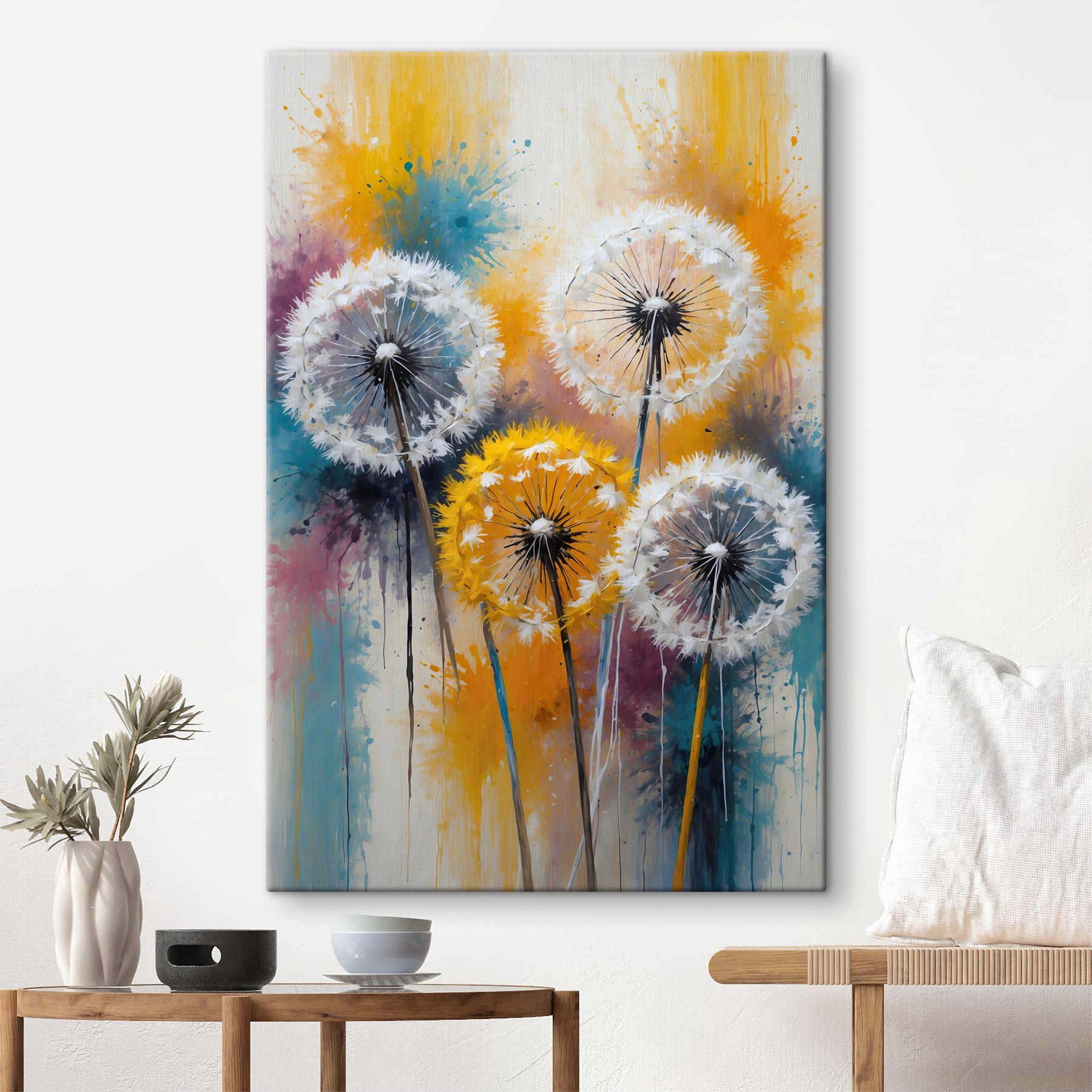 A group of dandelions with white seeds