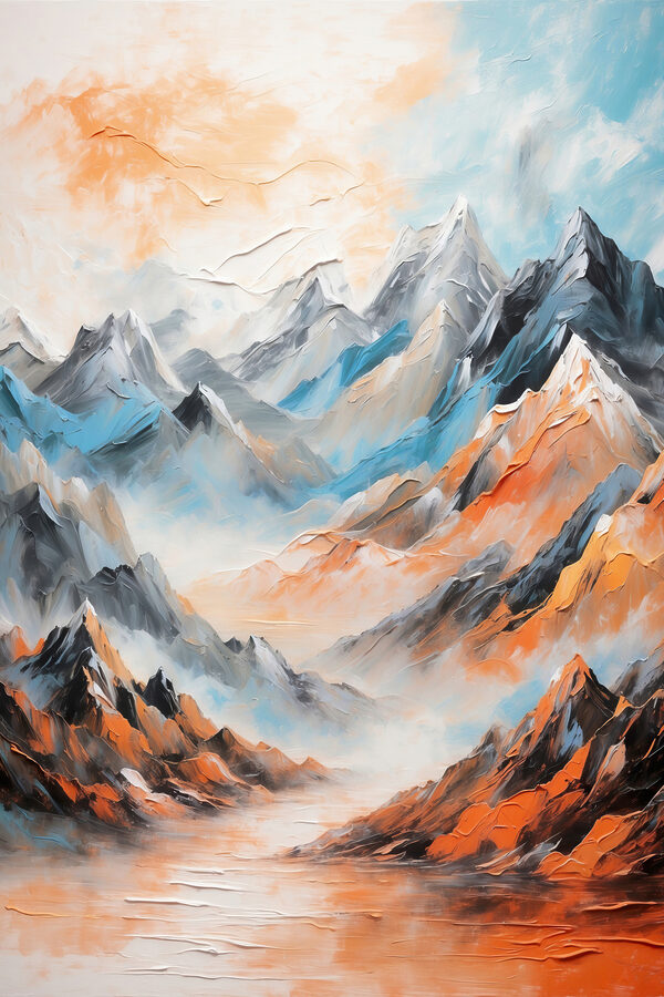 A painting of mountains with clouds A painting of mountains with clouds