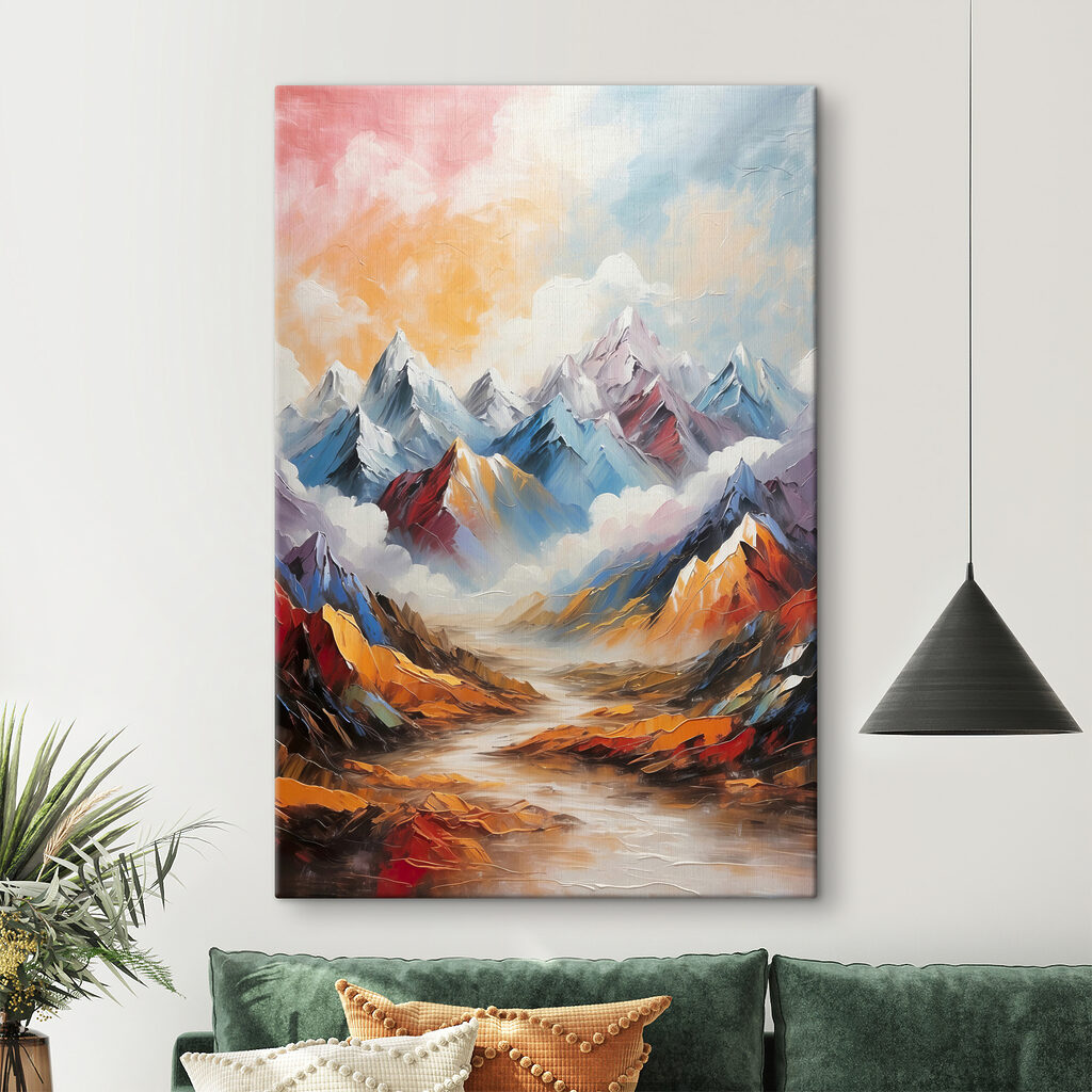 A painting of mountains and clouds