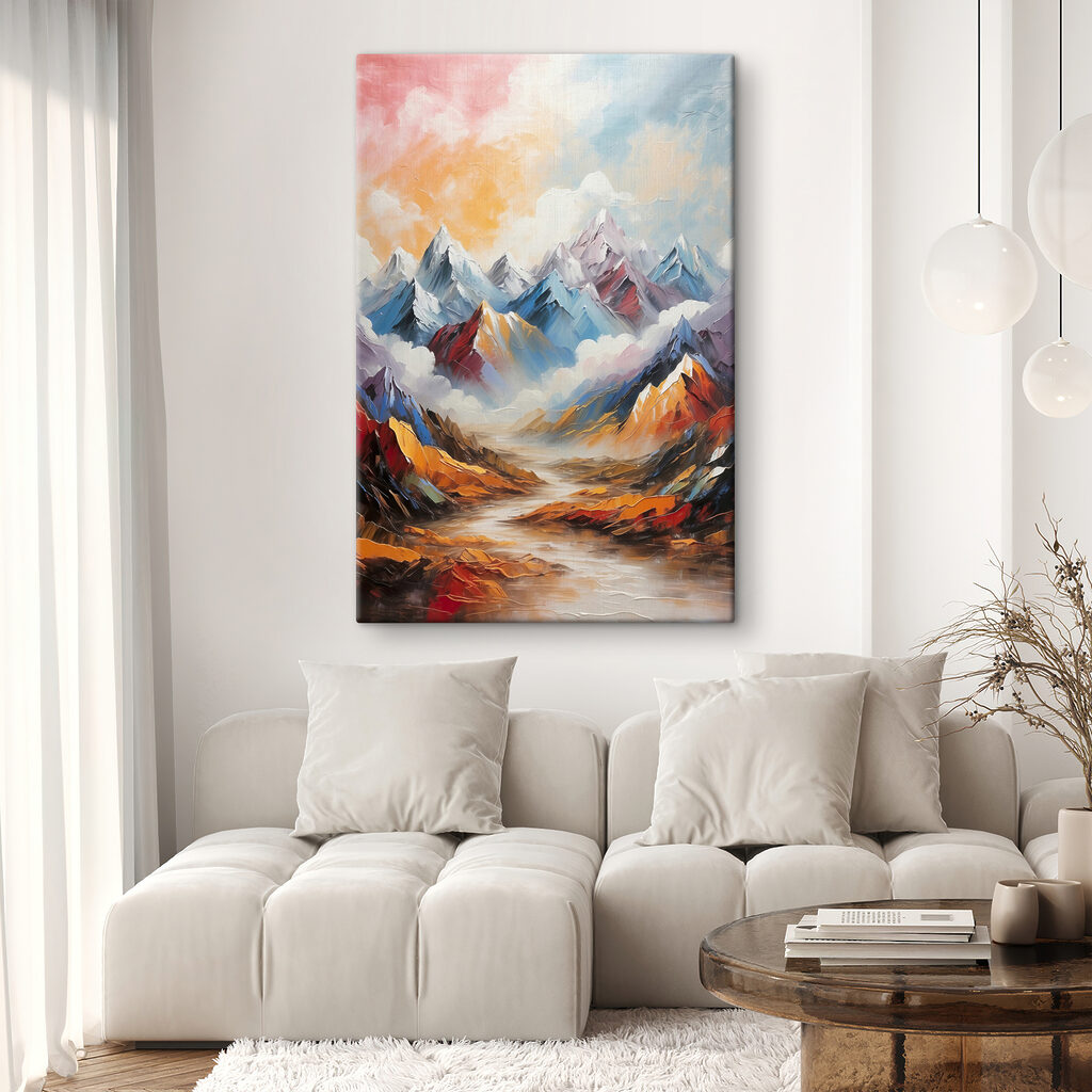 A painting of mountains and clouds