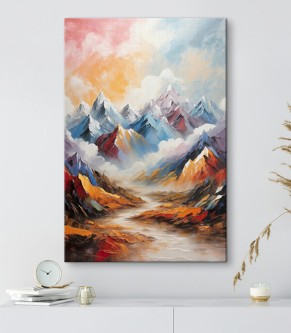 A painting of mountains and clouds