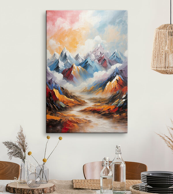 A painting of mountains and clouds