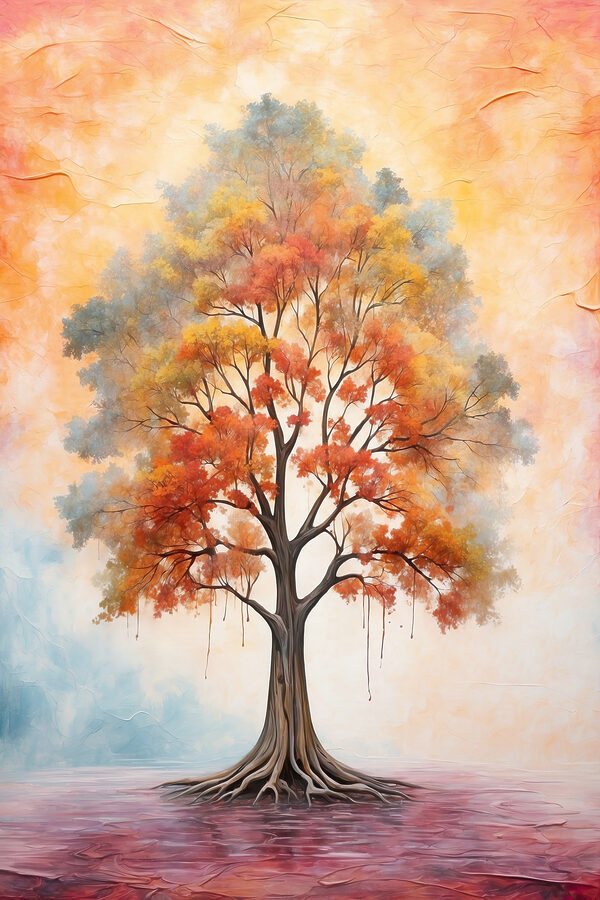 A painting of a tree with orange and yellow leaves
