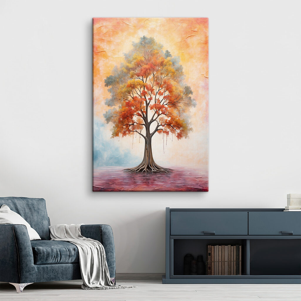 A painting of a tree with orange and yellow leaves