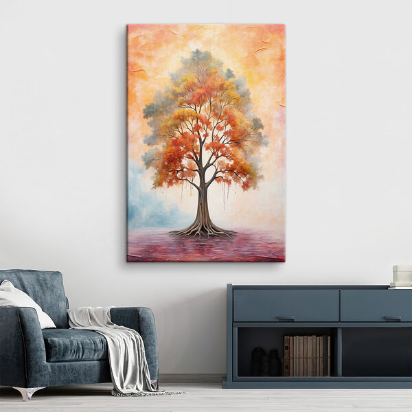 A painting of a tree with orange and yellow leaves