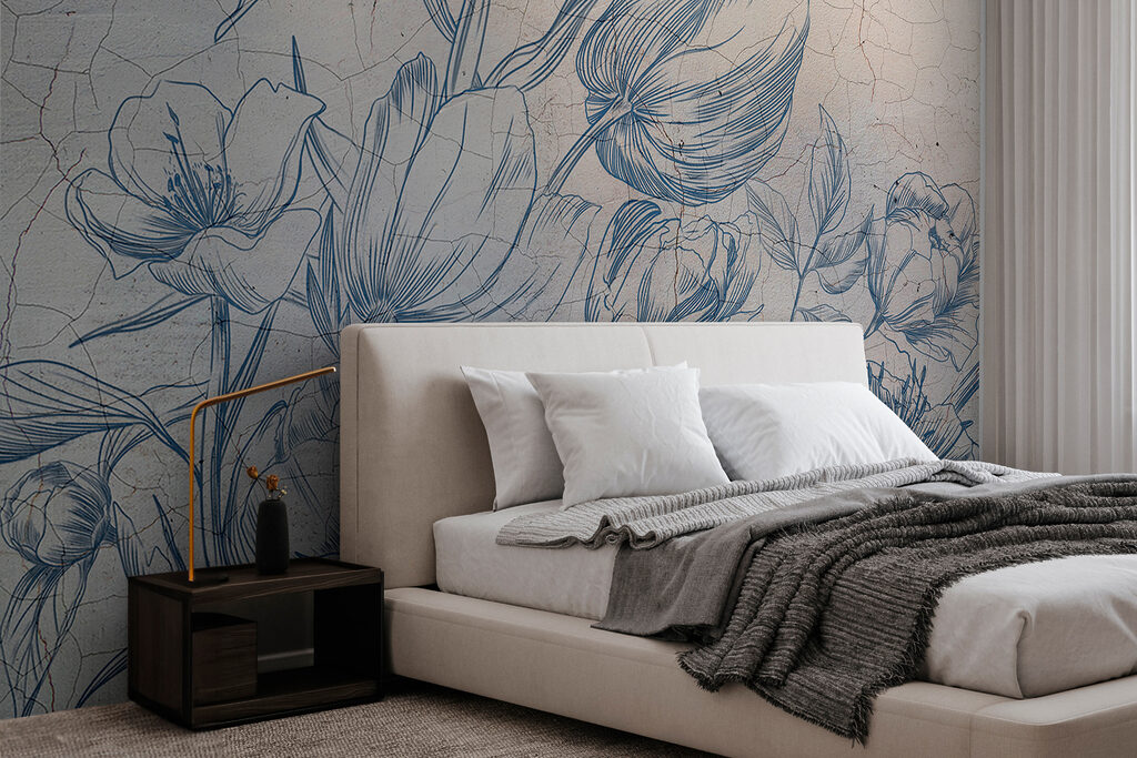 A drawing of flowers on a cracked wall A drawing of flowers on a cracked wall