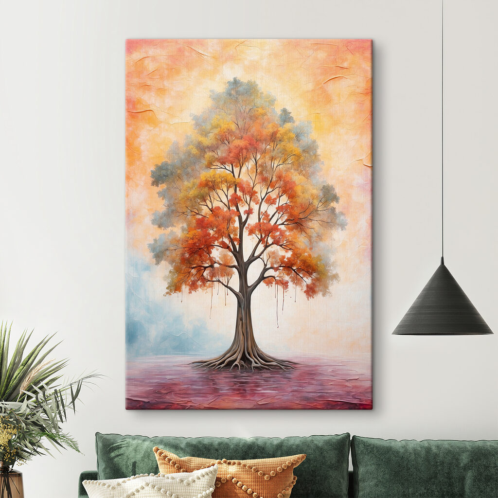 A painting of a tree with orange and yellow leaves