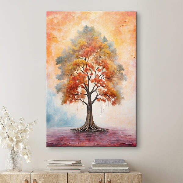 A painting of a tree with orange and yellow leaves
