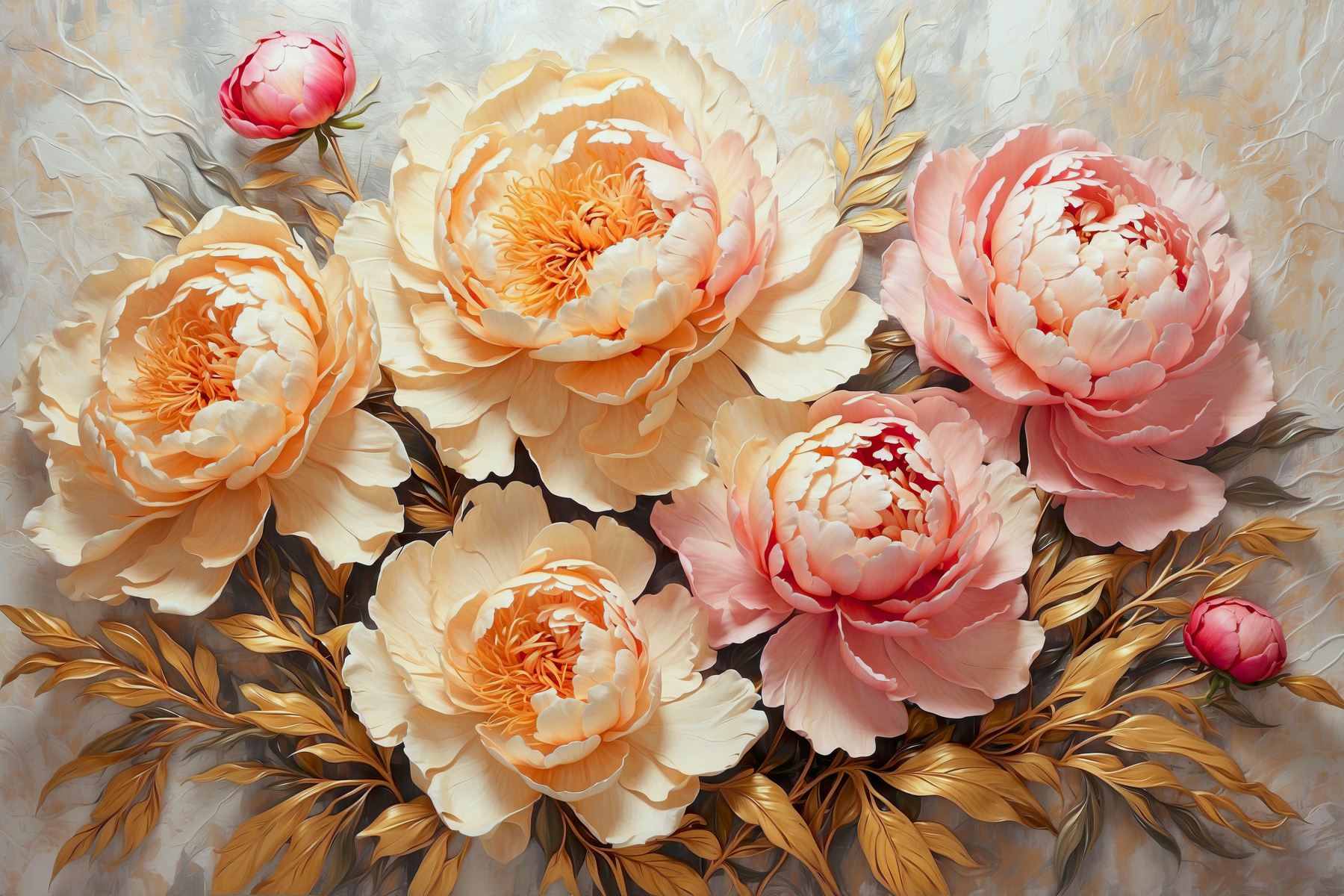 Peonies blooming amid lush foliage