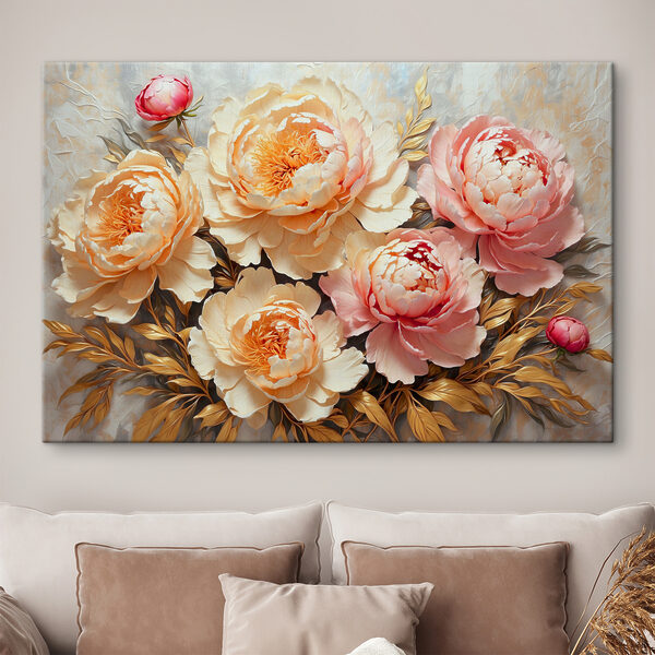 Quadri Peonie in fiore tra una vegetazione rigogliosa