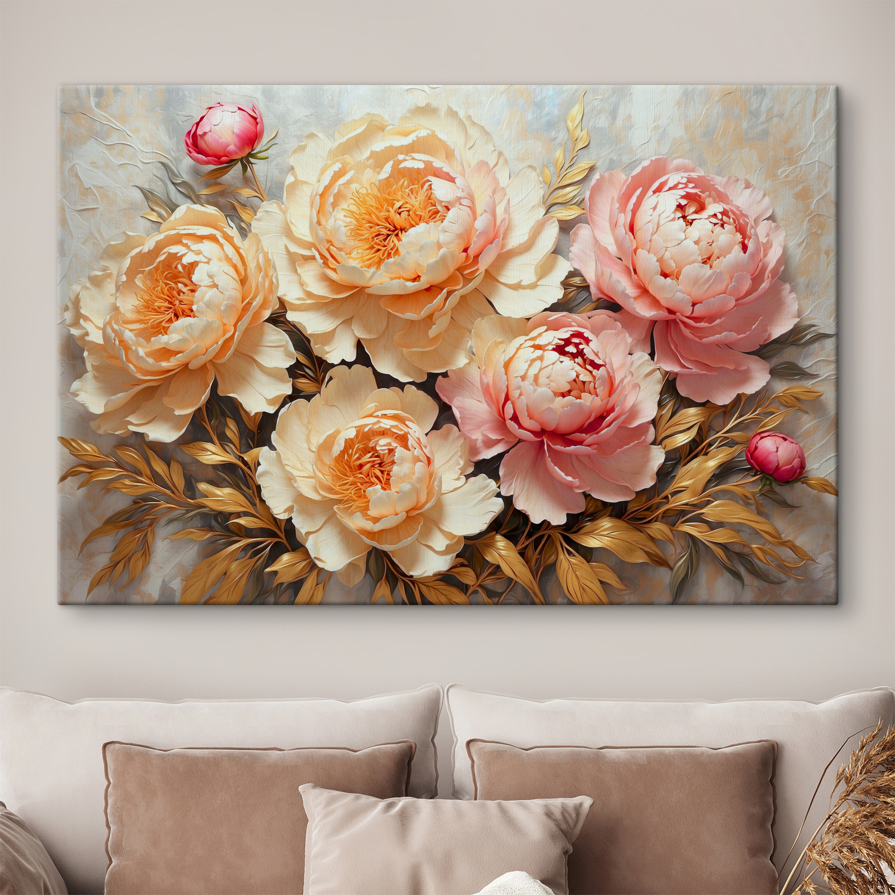 Peonies blooming amid lush foliage