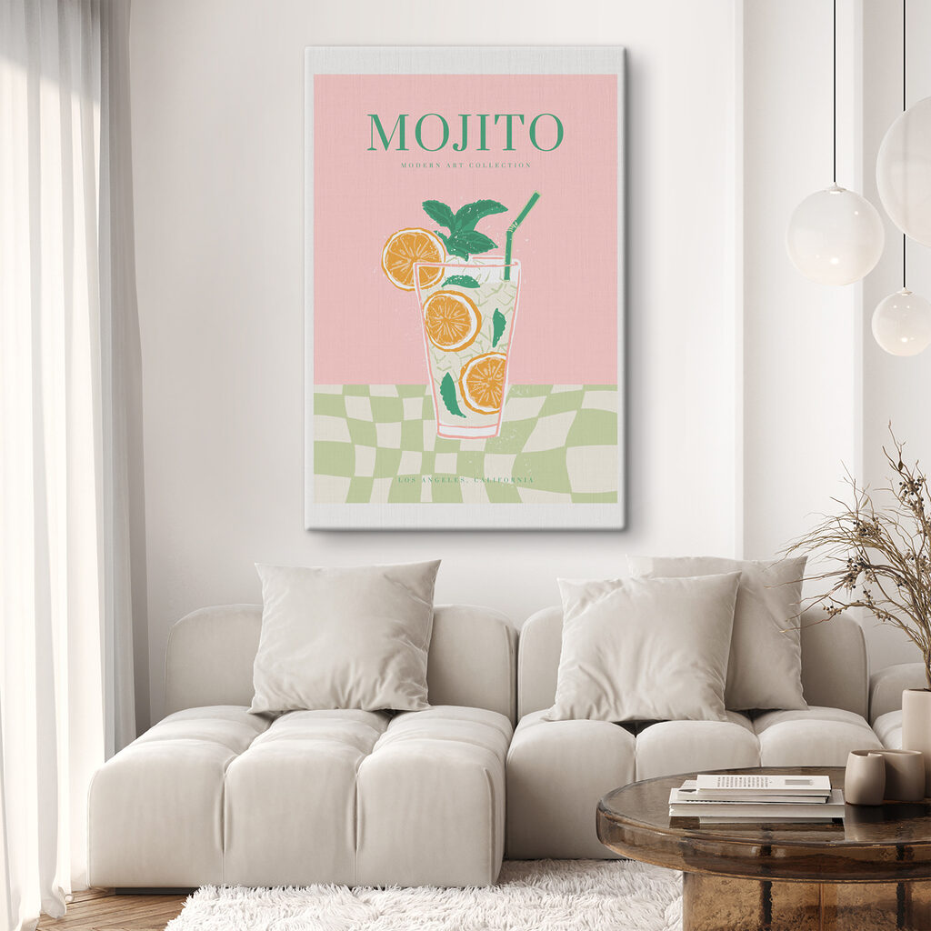 A poster of a drink with oranges and mint leaves A poster of a drink with oranges and mint leaves