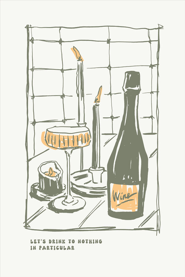 A drawing of a wine bottle and glasses A drawing of a wine bottle and glasses