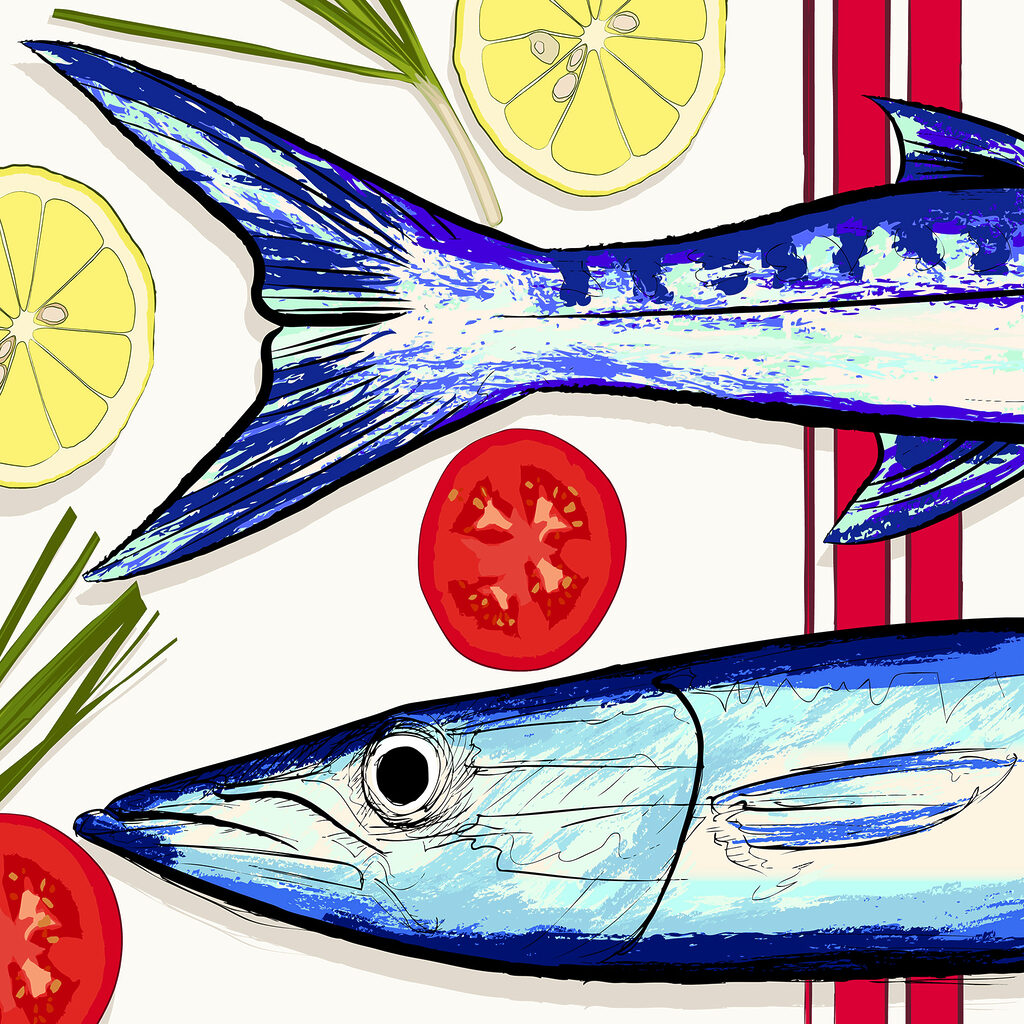 A fish and tomatoes on a table A fish and tomatoes on a table