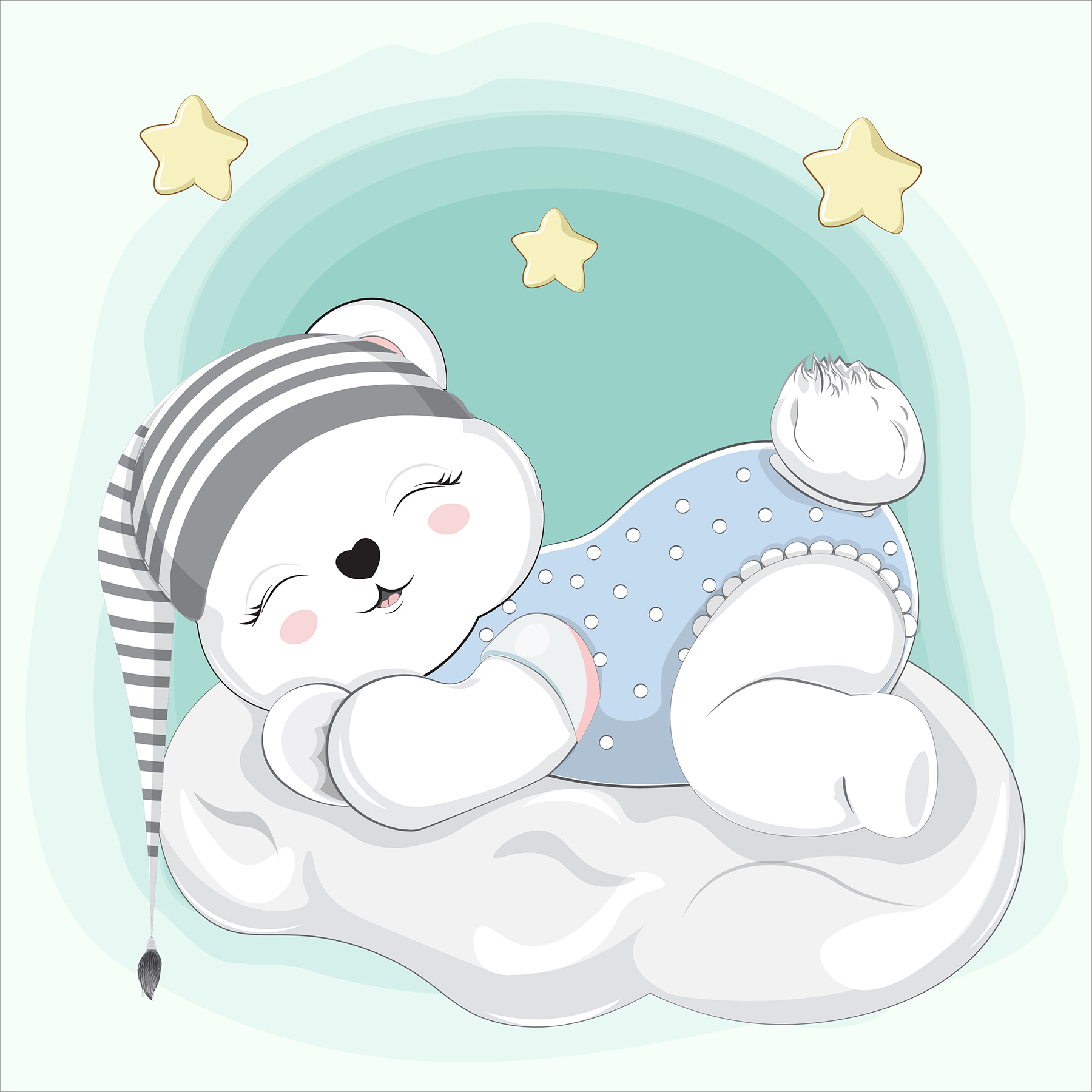 A cartoon of a baby bear sleeping on a cloud