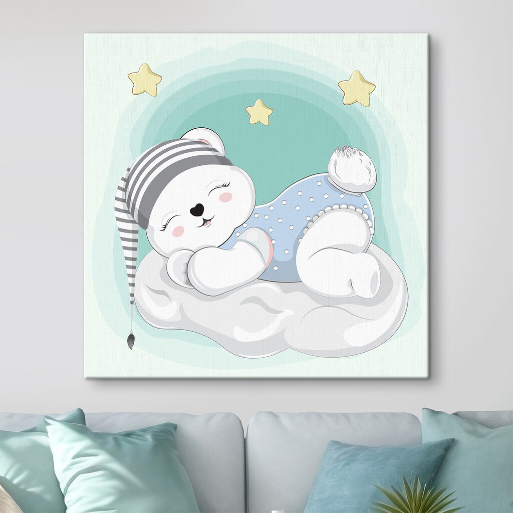 A cartoon of a baby bear sleeping on a cloud