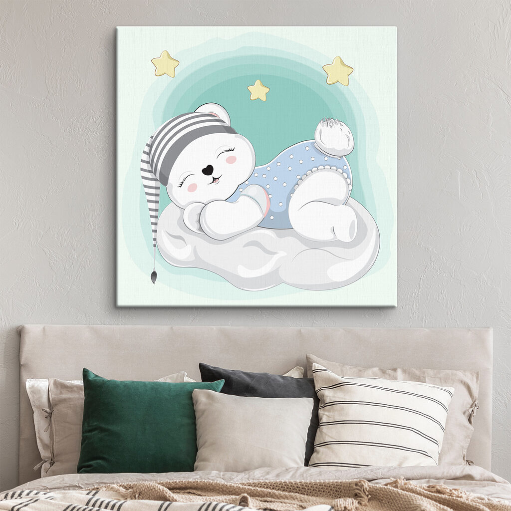 A cartoon of a baby bear sleeping on a cloud