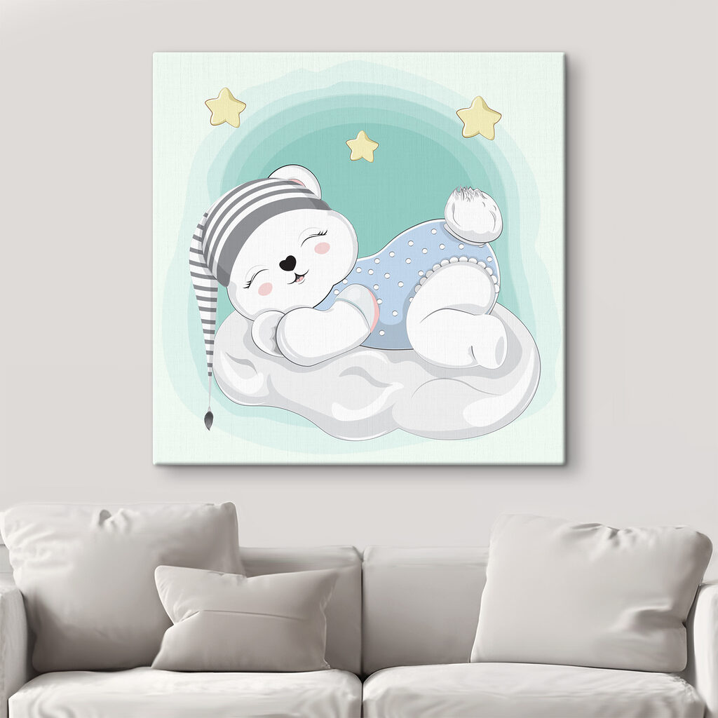 A cartoon of a baby bear sleeping on a cloud