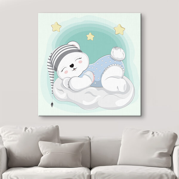 A cartoon of a baby bear sleeping on a cloud