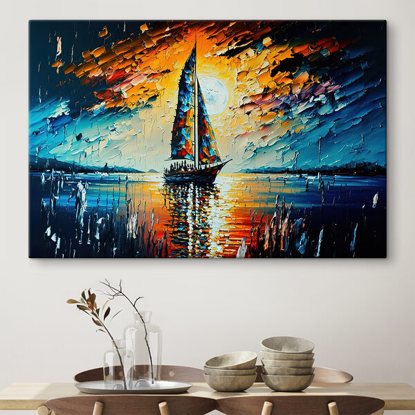 A painting of a sailboat on water