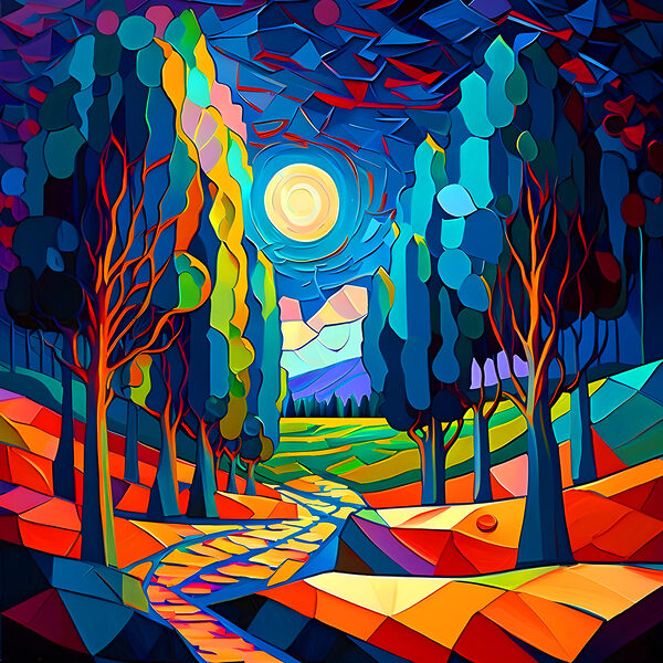 A colorful landscape with trees and a path A colorful landscape with trees and a path