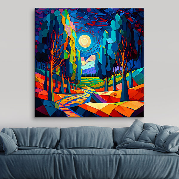 A colorful landscape with trees and a path A colorful landscape with trees and a path