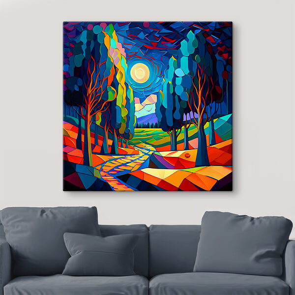 A colorful landscape with trees and a path A colorful landscape with trees and a path