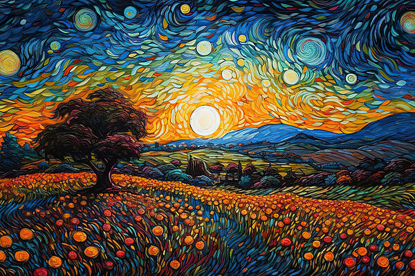 A painting of a landscape with trees and flowers A painting of a landscape with trees and flowers