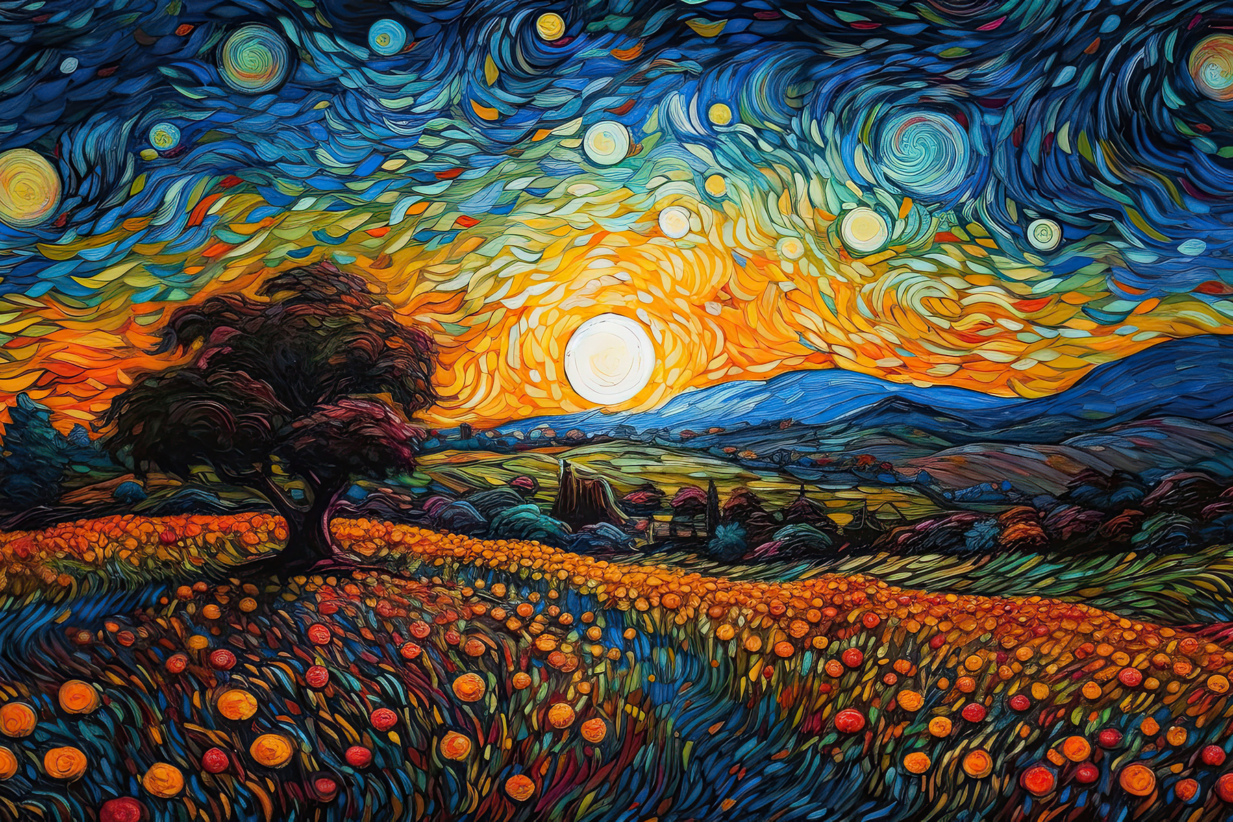 A painting of a landscape with trees and flowers A painting of a landscape with trees and flowers