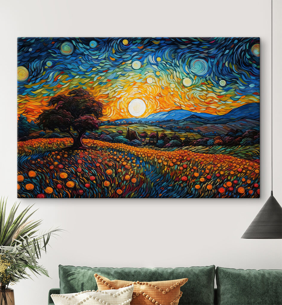A painting of a landscape with trees and flowers A painting of a landscape with trees and flowers