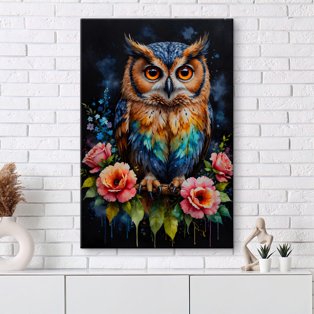 A painting of an owl with flowers