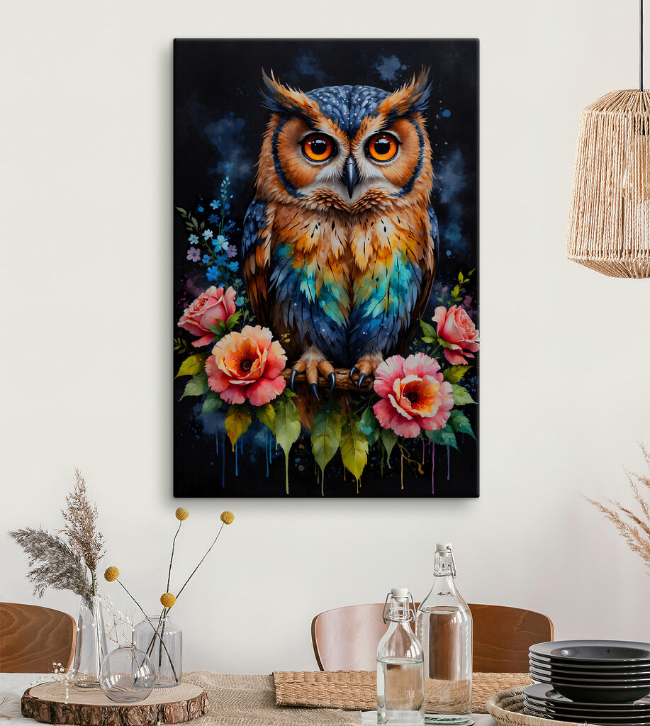 A painting of an owl with flowers
