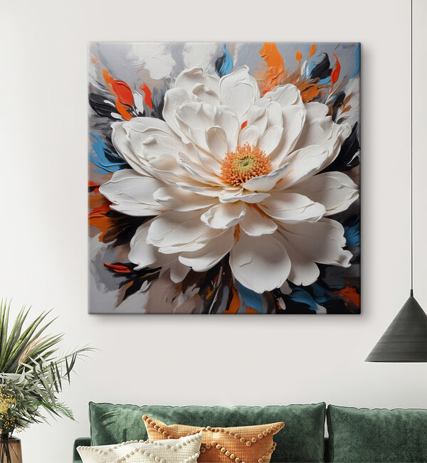 A white flower with orange center