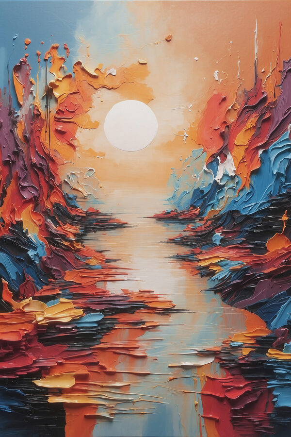A painting of a river with a sun in the background