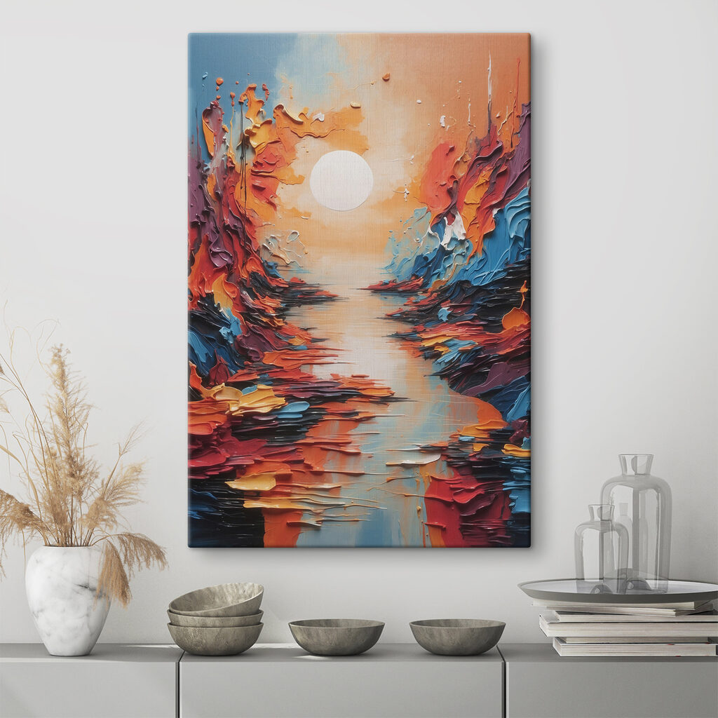A painting of a river with a sun in the background