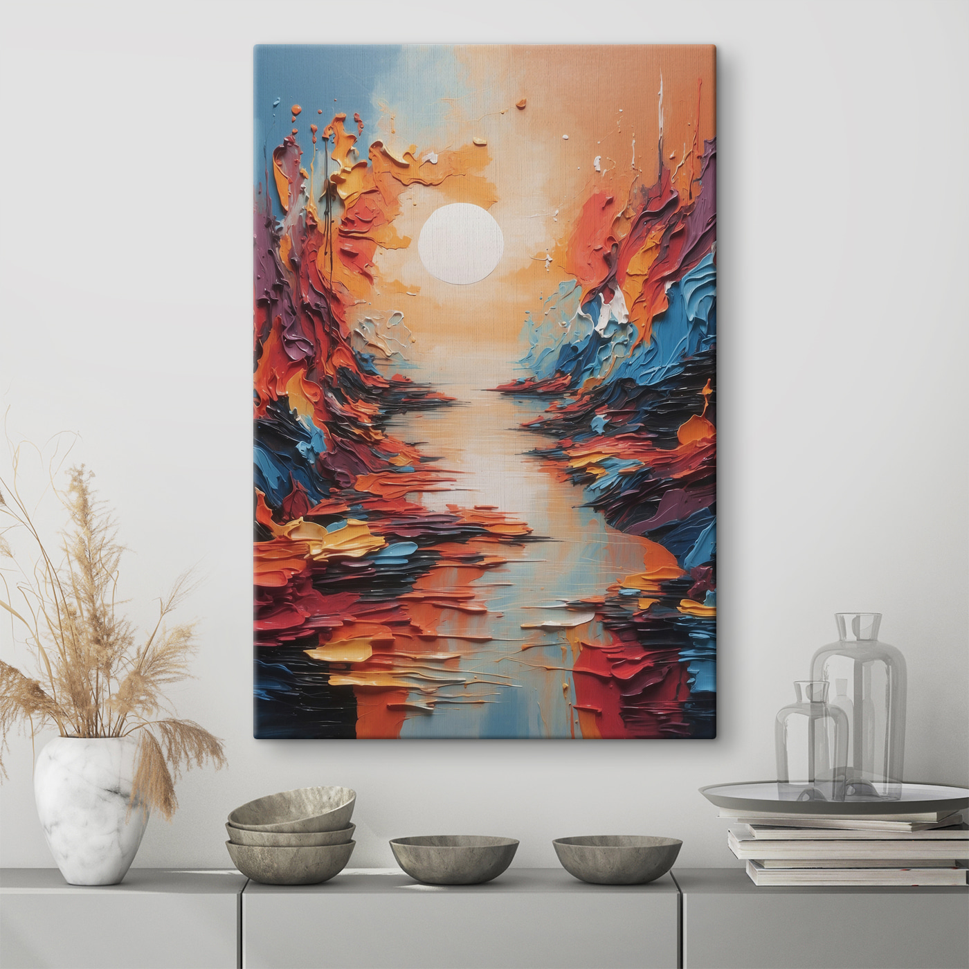 A painting of a river with a sun in the background