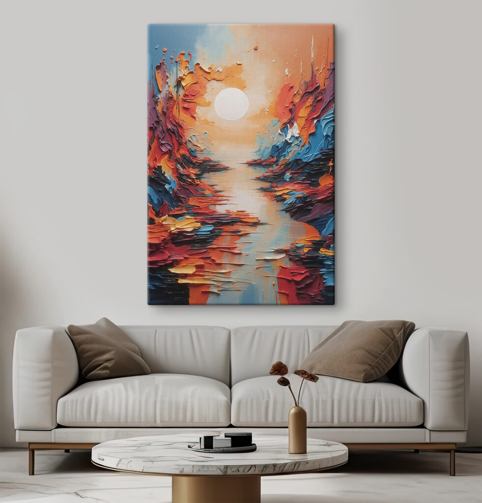 A painting of a river with a sun in the background