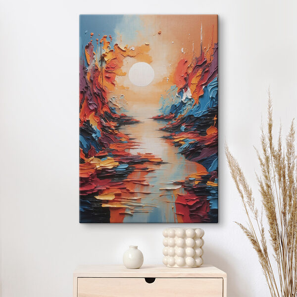 A painting of a river with a sun in the background