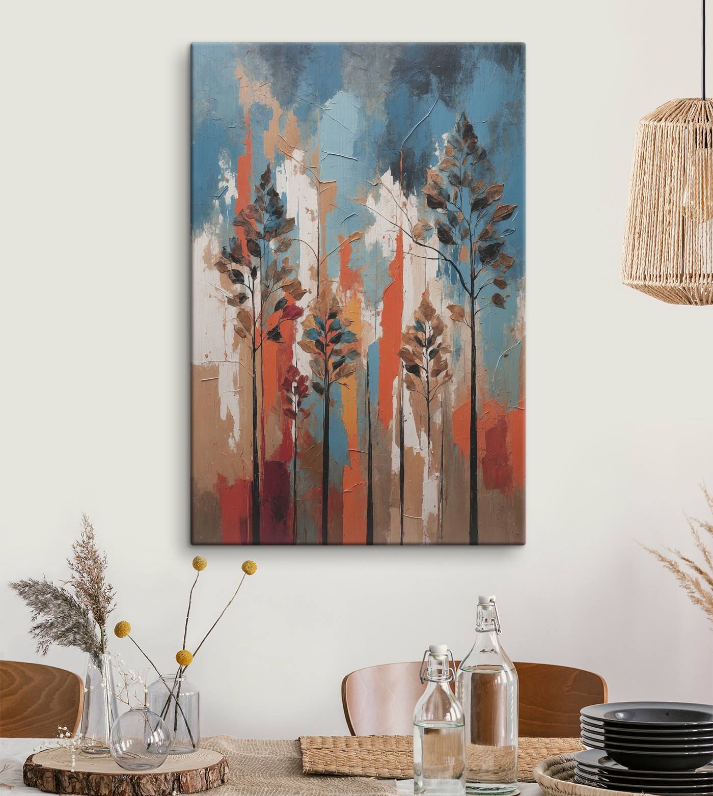 A painting of trees with orange and blue stripes A painting of trees with orange and blue stripes