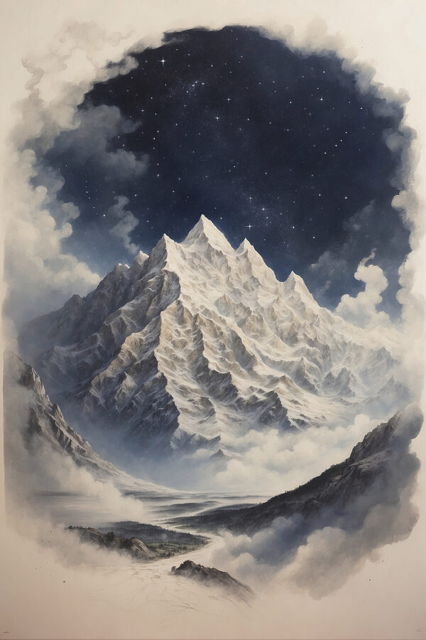A mountain with clouds and stars A mountain with clouds and stars
