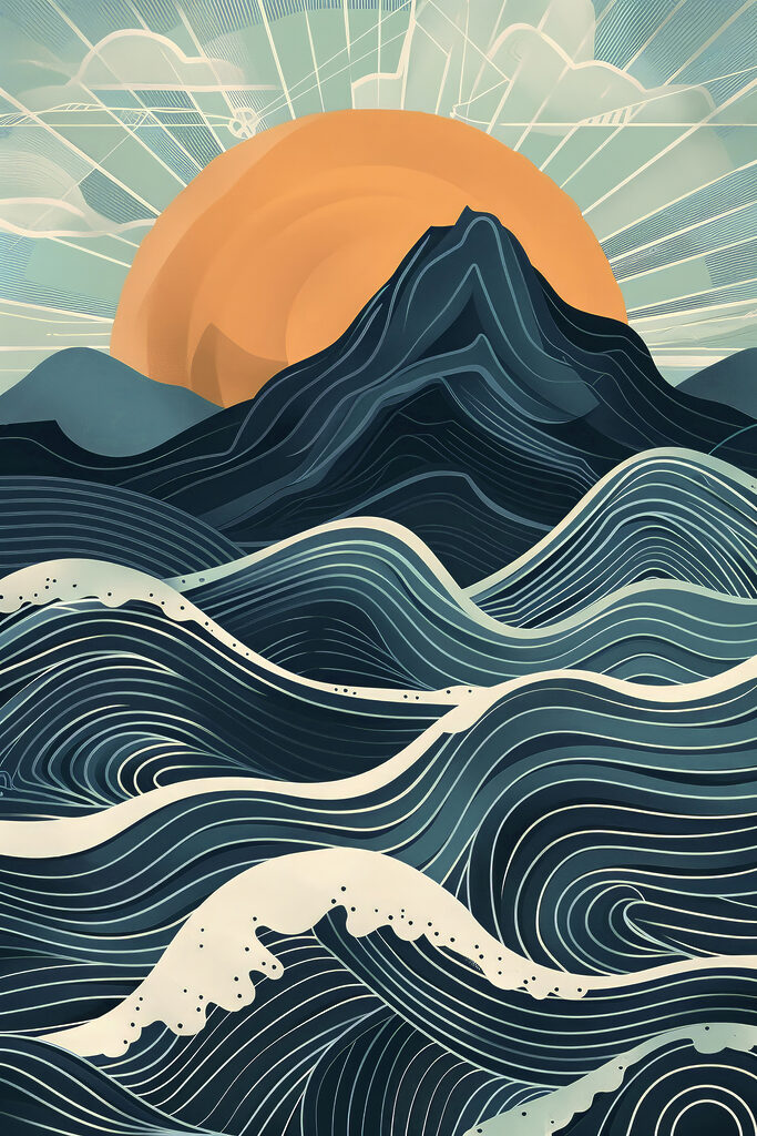 A mountain with waves and sun