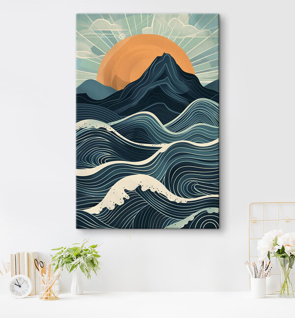 A mountain with waves and sun