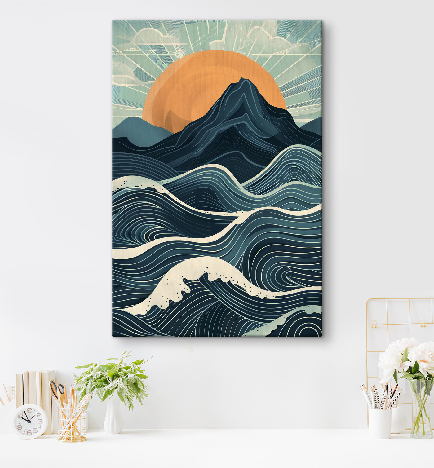 A mountain with waves and sun