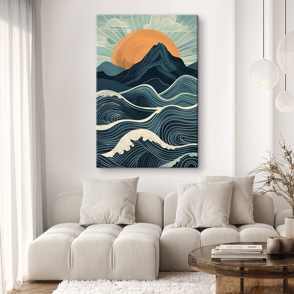 A mountain with waves and sun